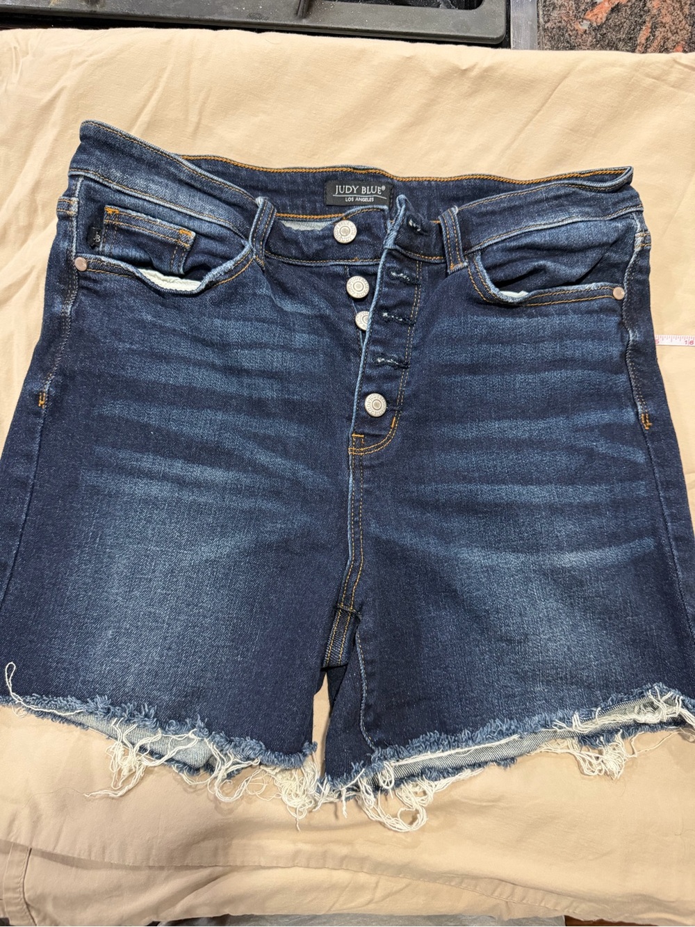 Judy Blue Denim Shorts XL Button Fly Raw Frayed Hem Dark Wash Stretch